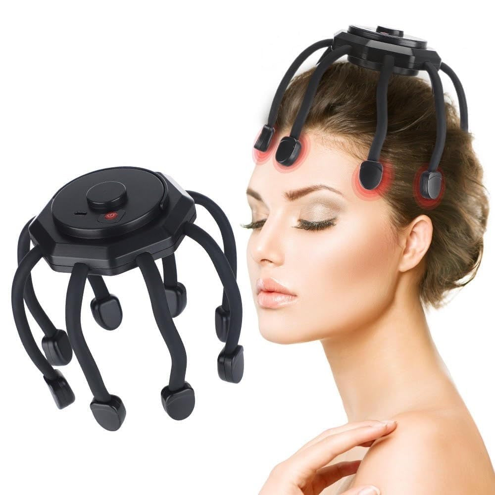 Rechargeable Electric Scalp Massager Portable Octopus Head Massager for Stress Relief, Deep Relaxation, Hair Growth & Spa Treatment - Intelligent 360° Deep Tissue Kneading & Muscle Stimulation (Black)