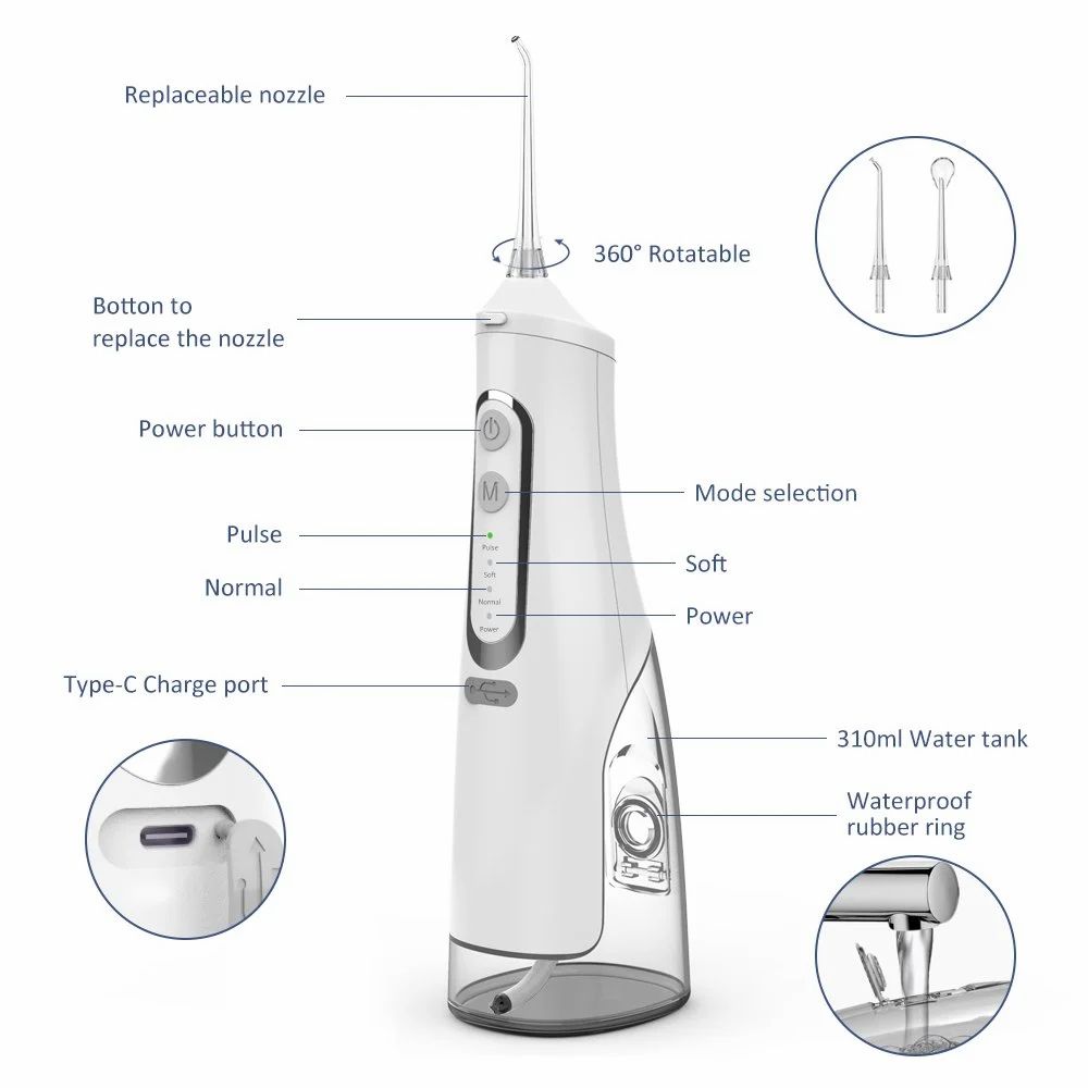 Oral Irrigator, Portable, Cordless &amp; Rechargeable, 4 Cleaning Modes, IPX7 Waterproof