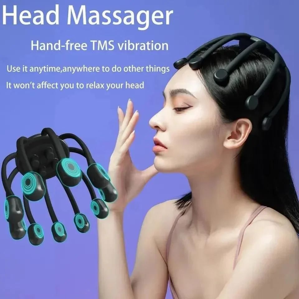 Rechargeable Electric Scalp Massager Portable Octopus Head Massager for Stress Relief, Deep Relaxation, Hair Growth & Spa Treatment - Intelligent 360° Deep Tissue Kneading & Muscle Stimulation (Black)